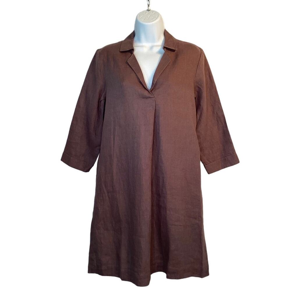 NWT Garnet Hill Linen Collared Popover Dress Size 0 Purple Pleated Pockets Short